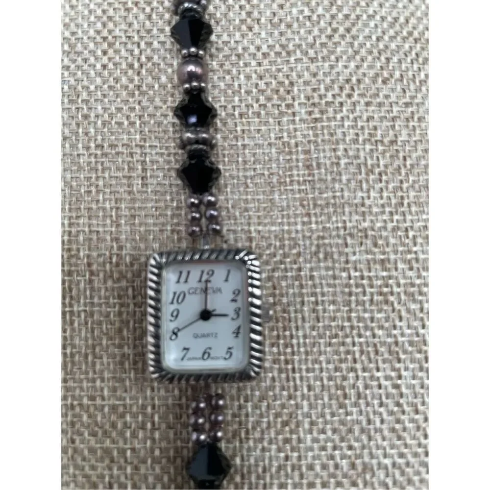 Vintage Geneva Womens Watch Black and Silver Beaded Band Working